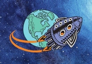 graphic of a rocket flying around the earth